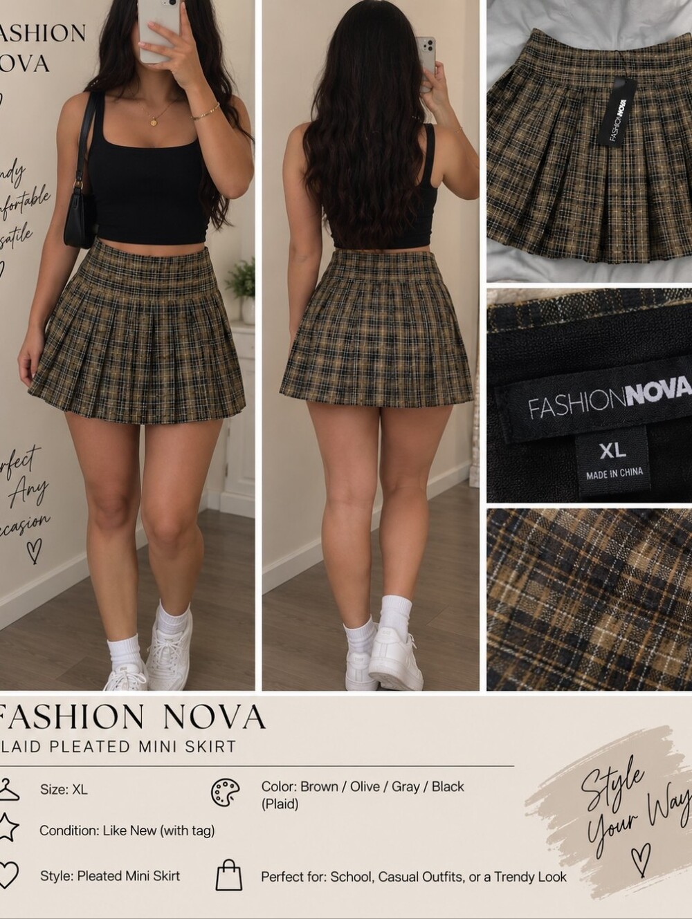 Fashion Nova Tan and Brown Pleated Skater Mini Skirt